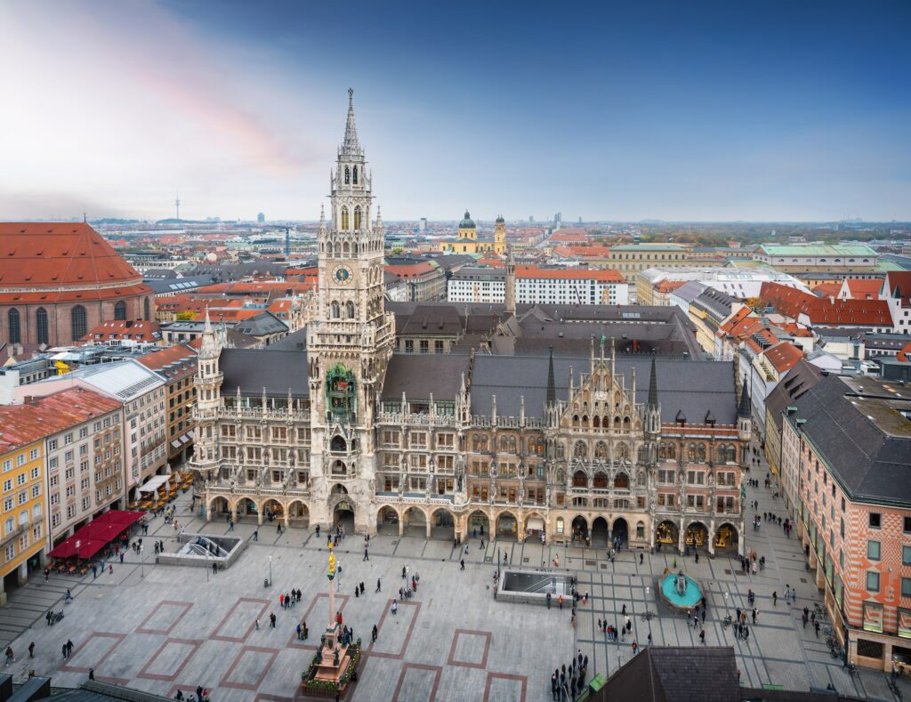 Aerial view of Marienplatz Square and New Town Hall at sunset - Munich, Bavaria, Germany